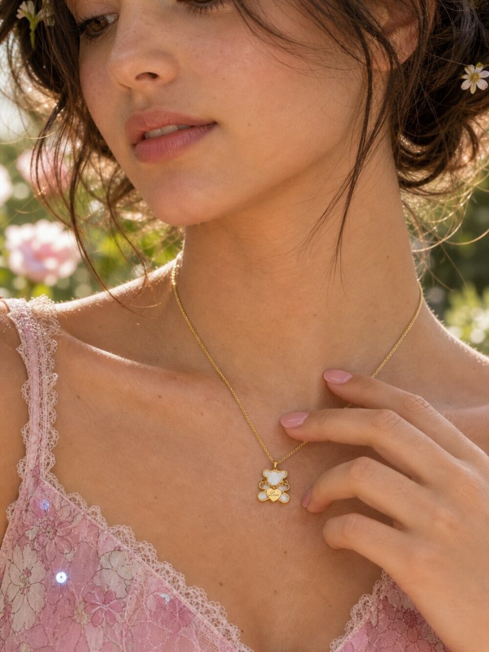 18K Gold Plated SS Shell Teddy Bear Necklace Love Heart Coquette Balletcore 16in - Picture 10 of 17